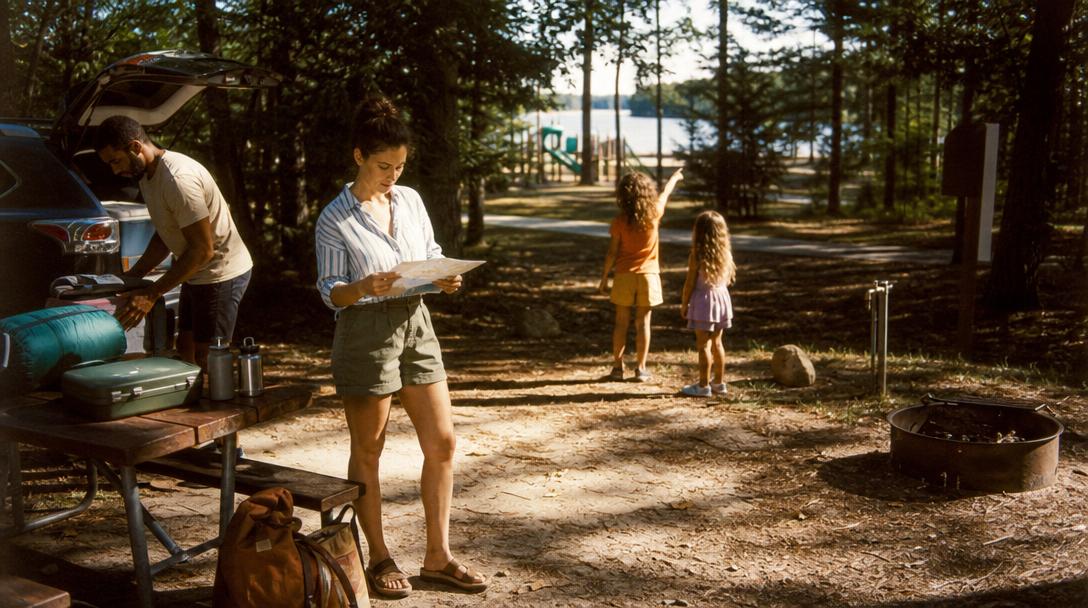 Child and parent camping outdoors