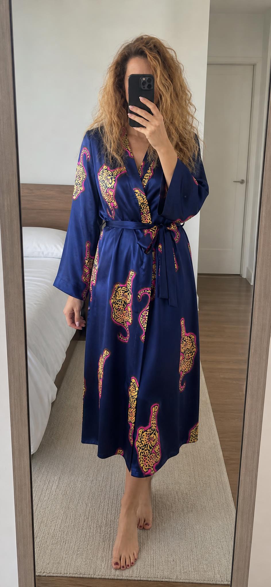 Chillnights satin-look wrap robe with statement print