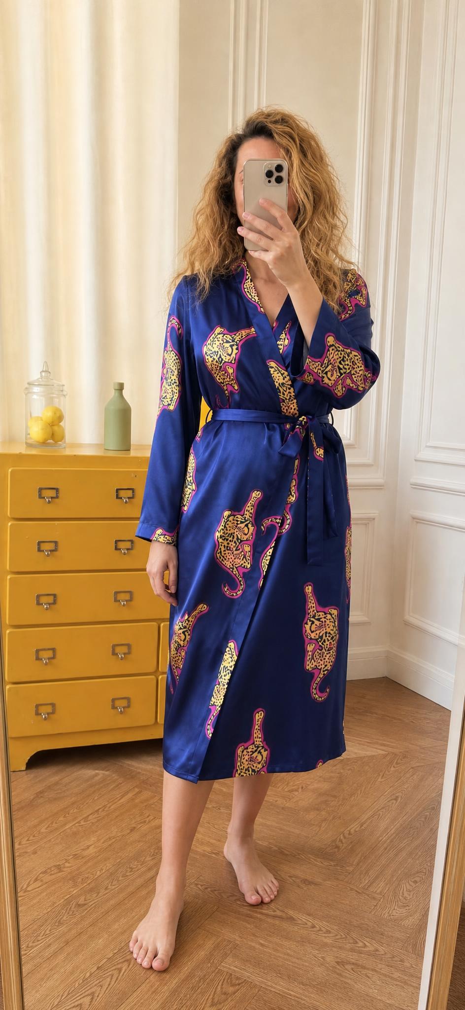 Chillnights navy satin wrap robe with statement print