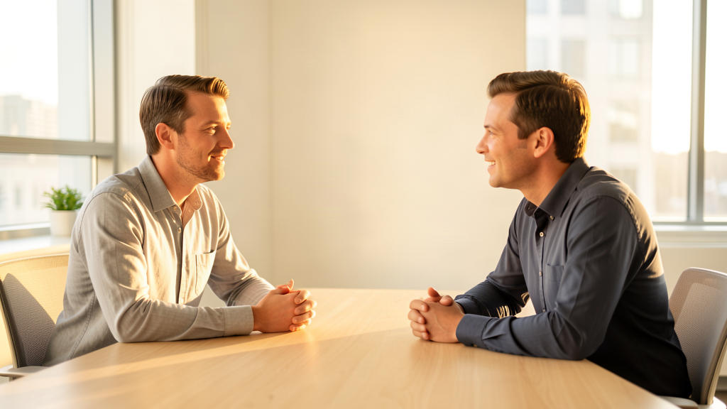 Dos profesionales conversando en una oficina: los dos ejes del circumplejo interpersonal, dominancia y calidez