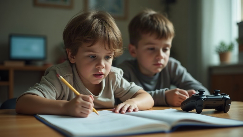 Two boys at a wooden table, one writing in an open notebook with a pencil while a game controller sits nearby.