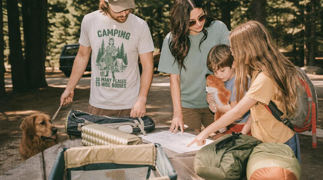 Family deciding on camping tent