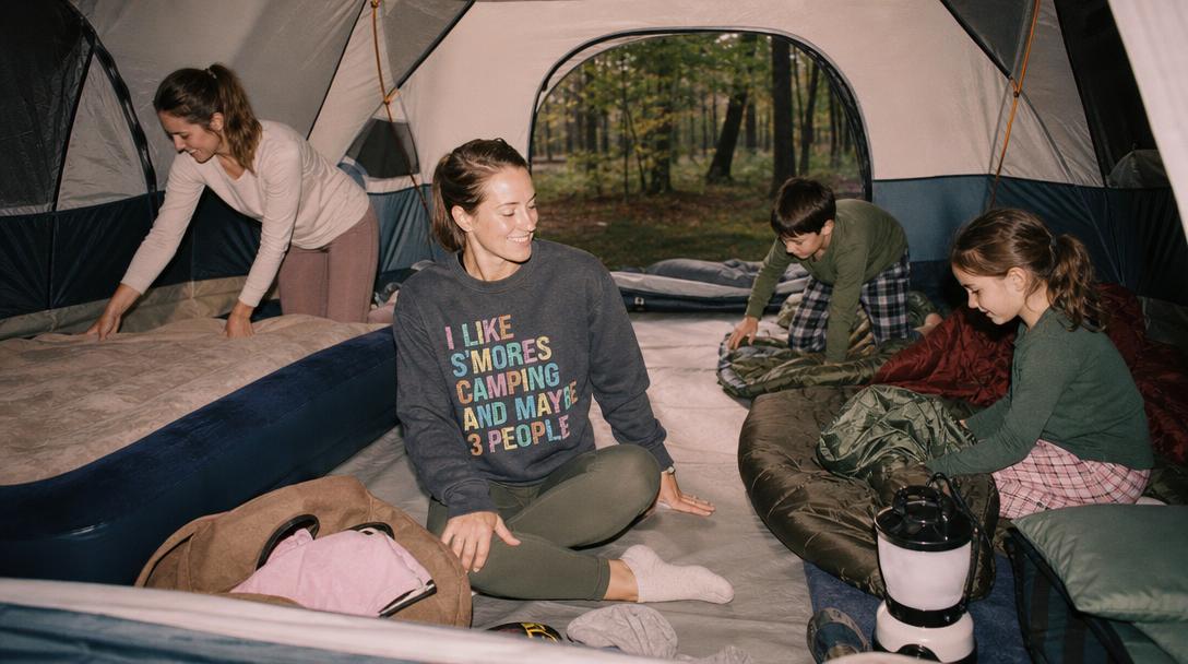 Family camping in tent outdoor