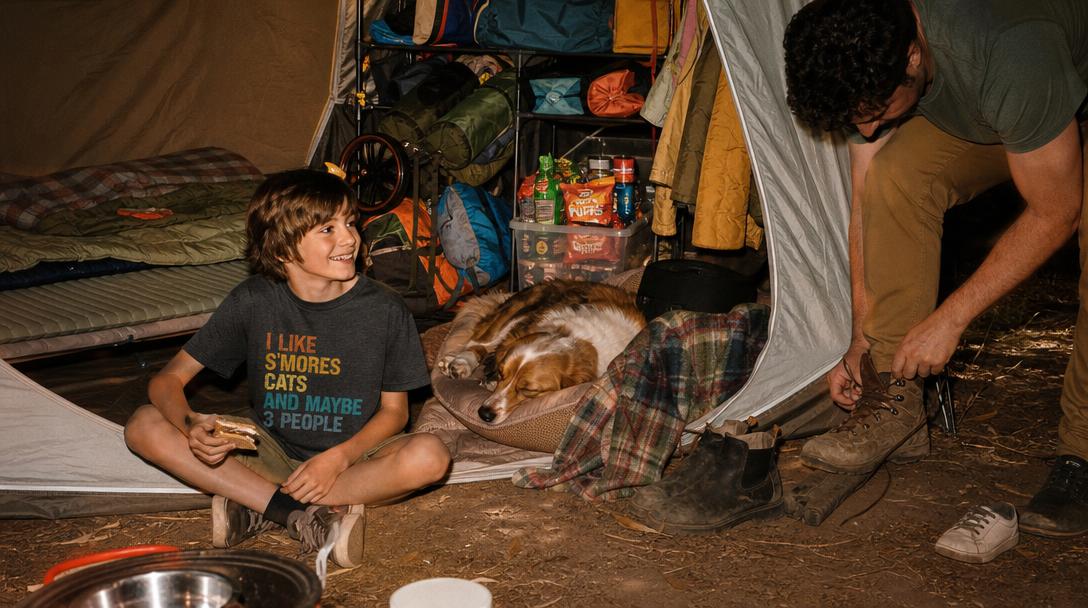 Camping gear inside family tent