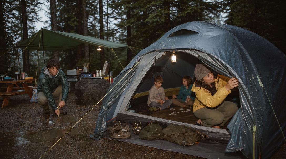 Family setting up camping tent together