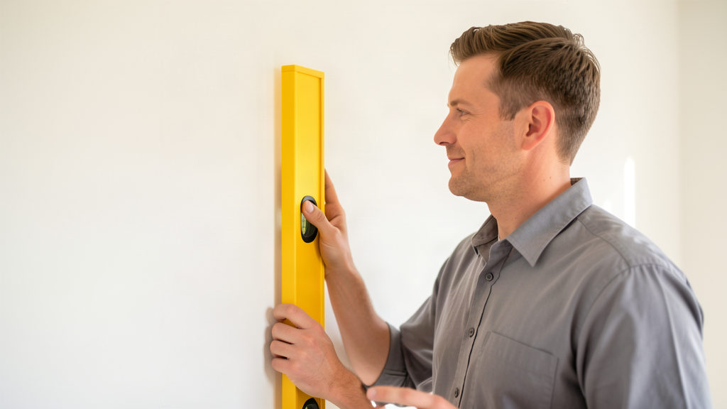A professional handyman in a grey work shirt holding a yellow spirit level against a blank wall, subject-only composition with no text, no lettering, and no logos