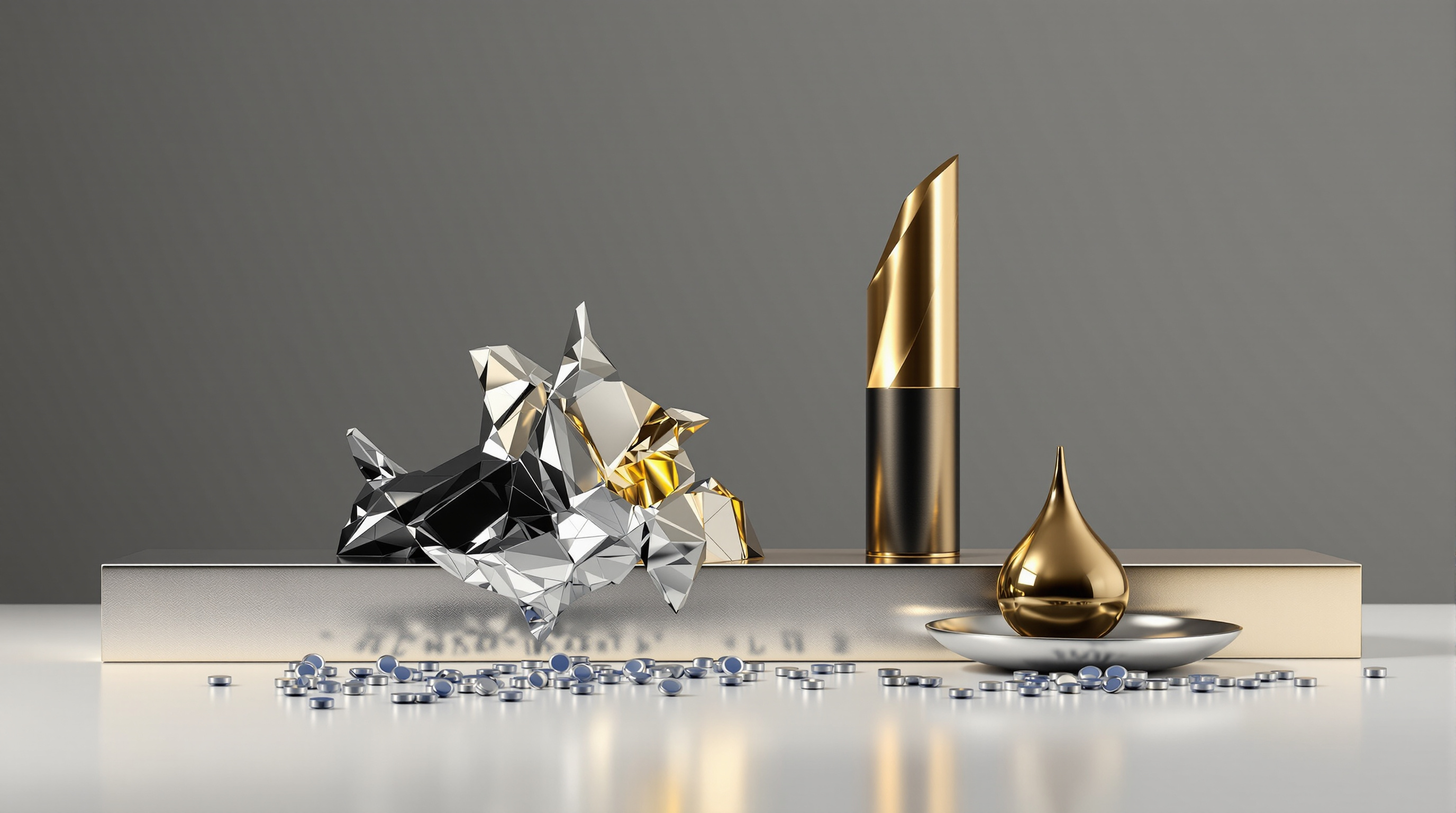 sculptural tabletop still life composed of an ascending polished gold spike, a fragmented matte‑black column (tilting), a long low silver plane, a glo — editorial cover artwork for the Knightron story on Treasuries Extend Selloff As Yields Hit Multidecade Highs, E
