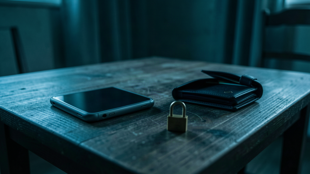 Smartphone, portafoglio e lucchetto su un tavolo scuro: immagine simbolo dei rischi del gioco illegale online