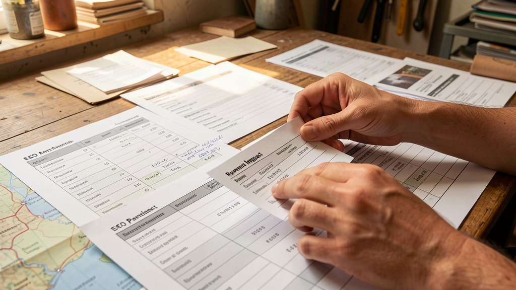 Scorecards de sélection d'agence SEO posées sur une table avec fiches catalogue e-commerce