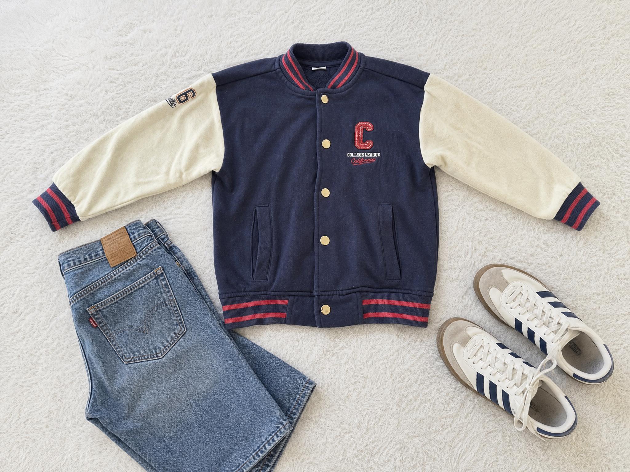 Kids varsity jacket navy cream red College League style