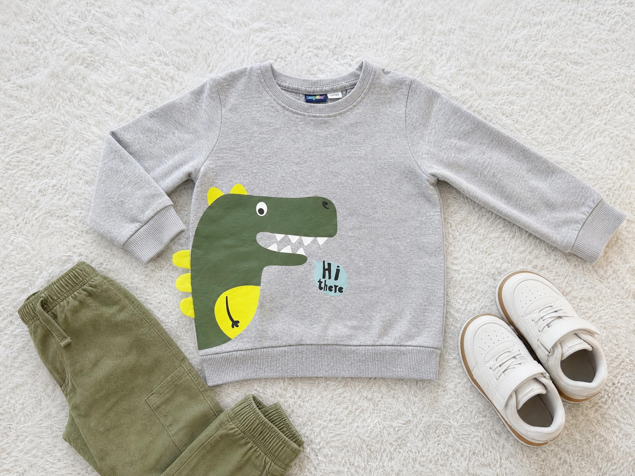 Kids grey dinosaur sweatshirt with ‘Hi there’ graphic