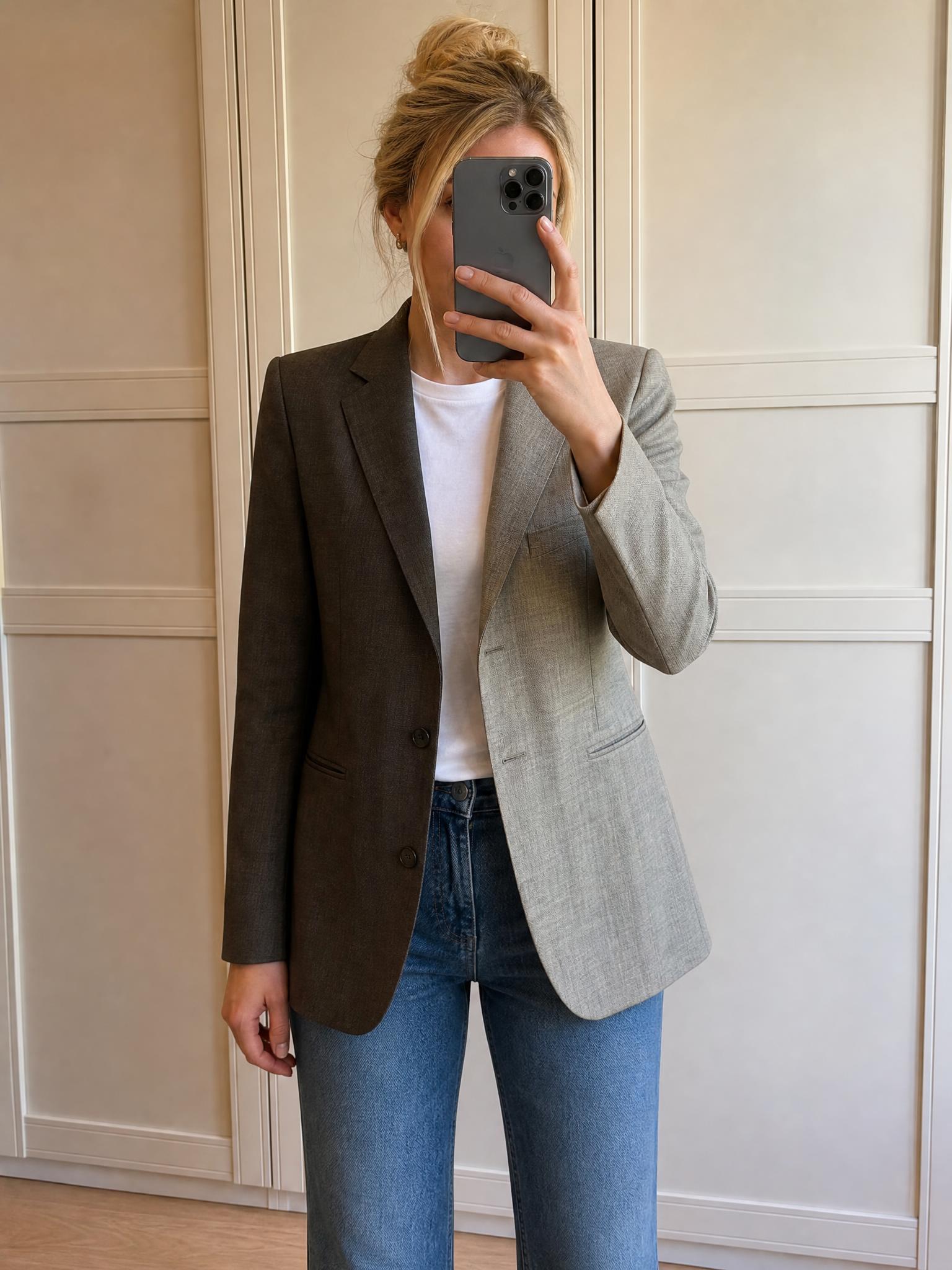 Tailored Grey Blazer with Notch Lapels and Two-Button Front