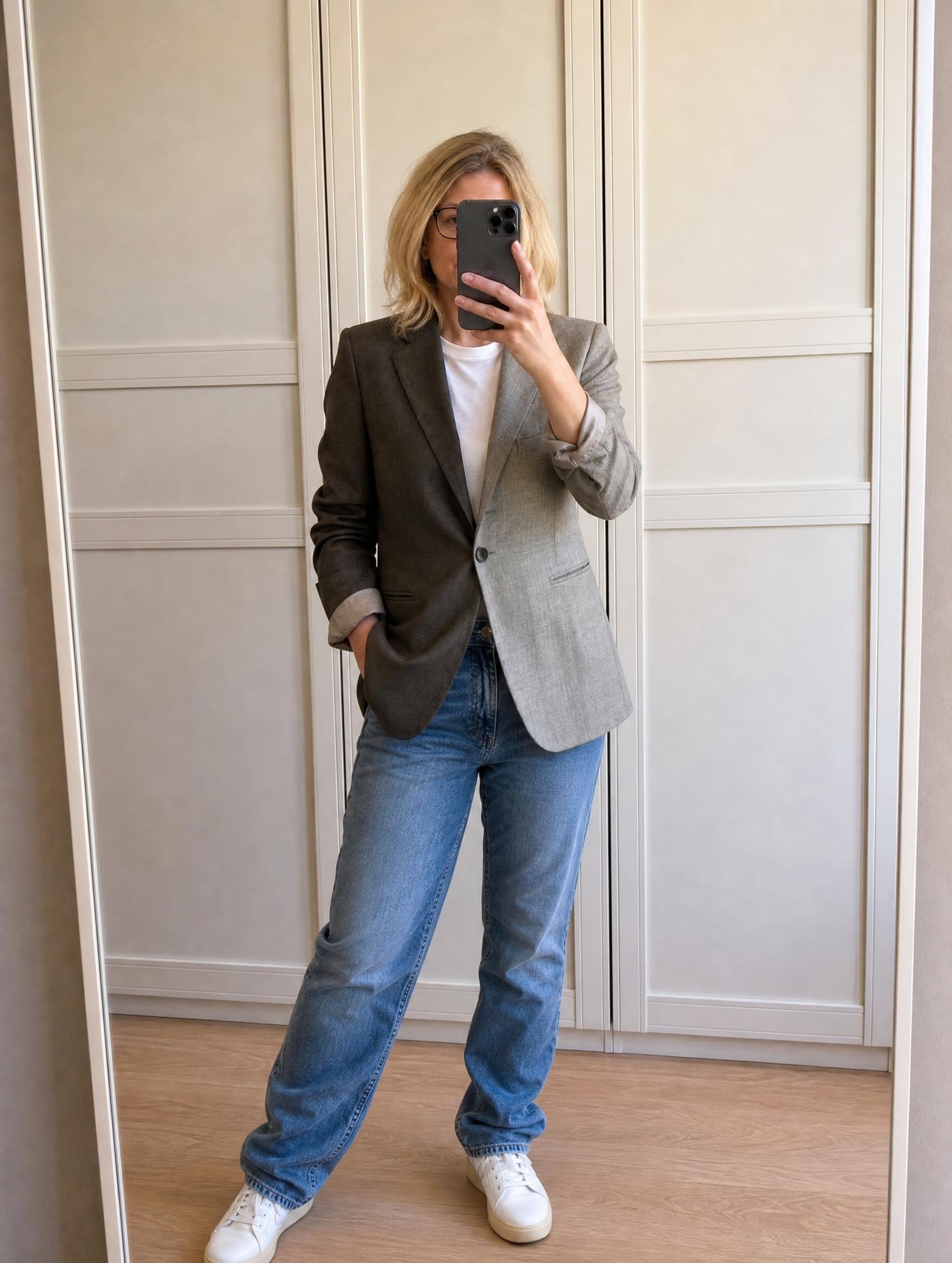 Grey Tailored Two-Button Blazer with Notched Lapels