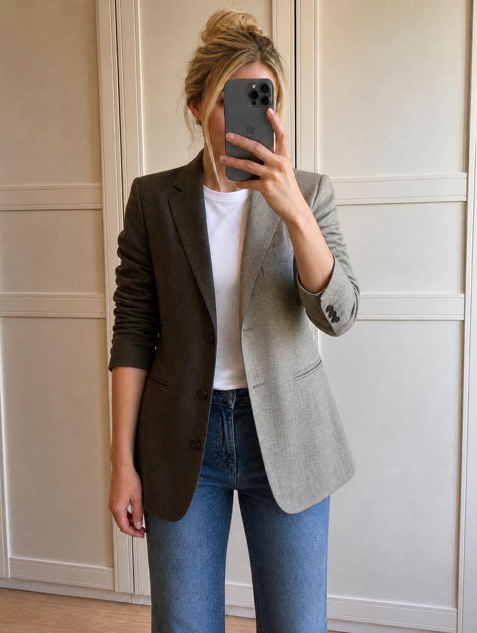 Colour-block grey tailored blazer with notched lapels