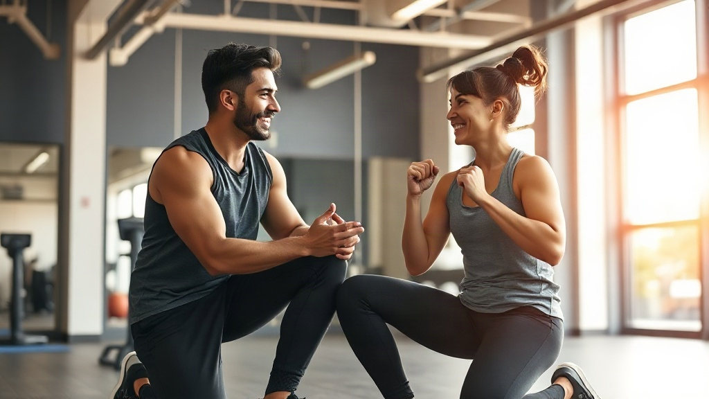 Personal trainer and client having a supportive conversation in a bright modern gym, trainer kneelin