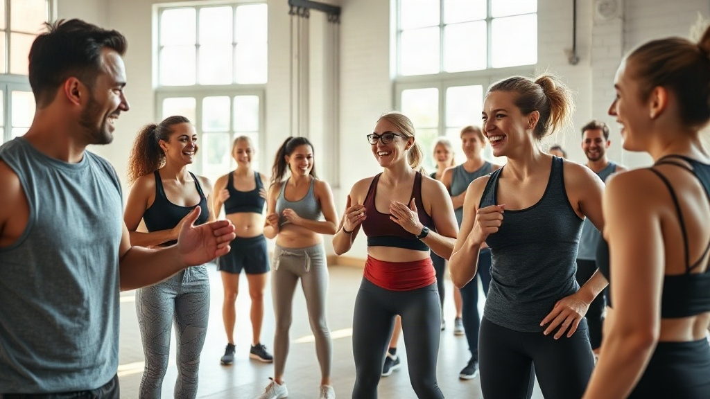 Diverse group of people smiling and encouraging each other during a functional training class in a b