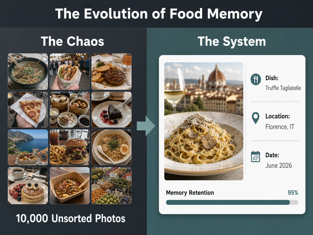 A split-screen comparison showing a cluttered camera roll of 10,000 photos versus an organized digital food archive card with dish details.