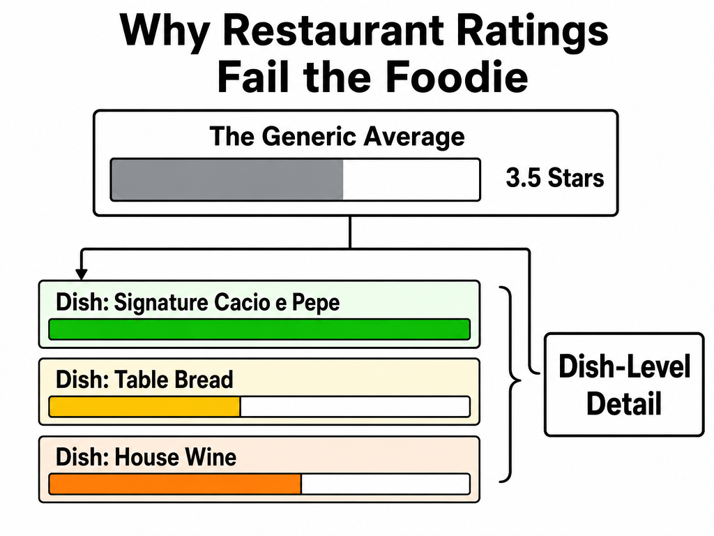 A bar chart comparing a generic 3.5-star restaurant rating to specific dish ratings, highlighting the 100 percent score for a signature pasta dish.