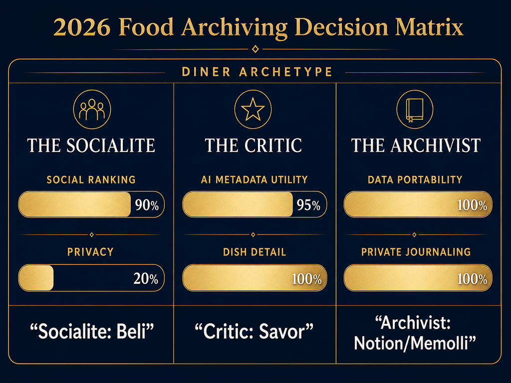 A decision matrix comparing three food apps based on social ranking, AI utility, privacy, and data portability for different user archetypes.