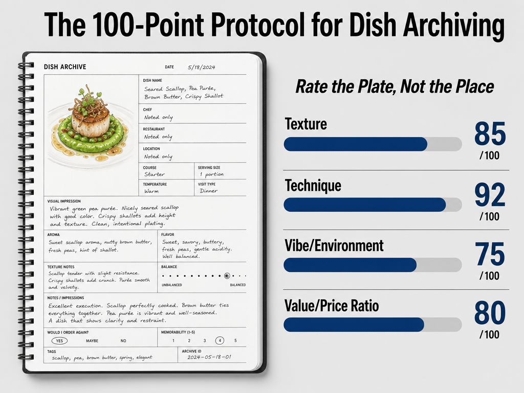 An infographic showing the 100-point protocol for foodies, featuring bars for texture, technique, vibe, and value metrics.