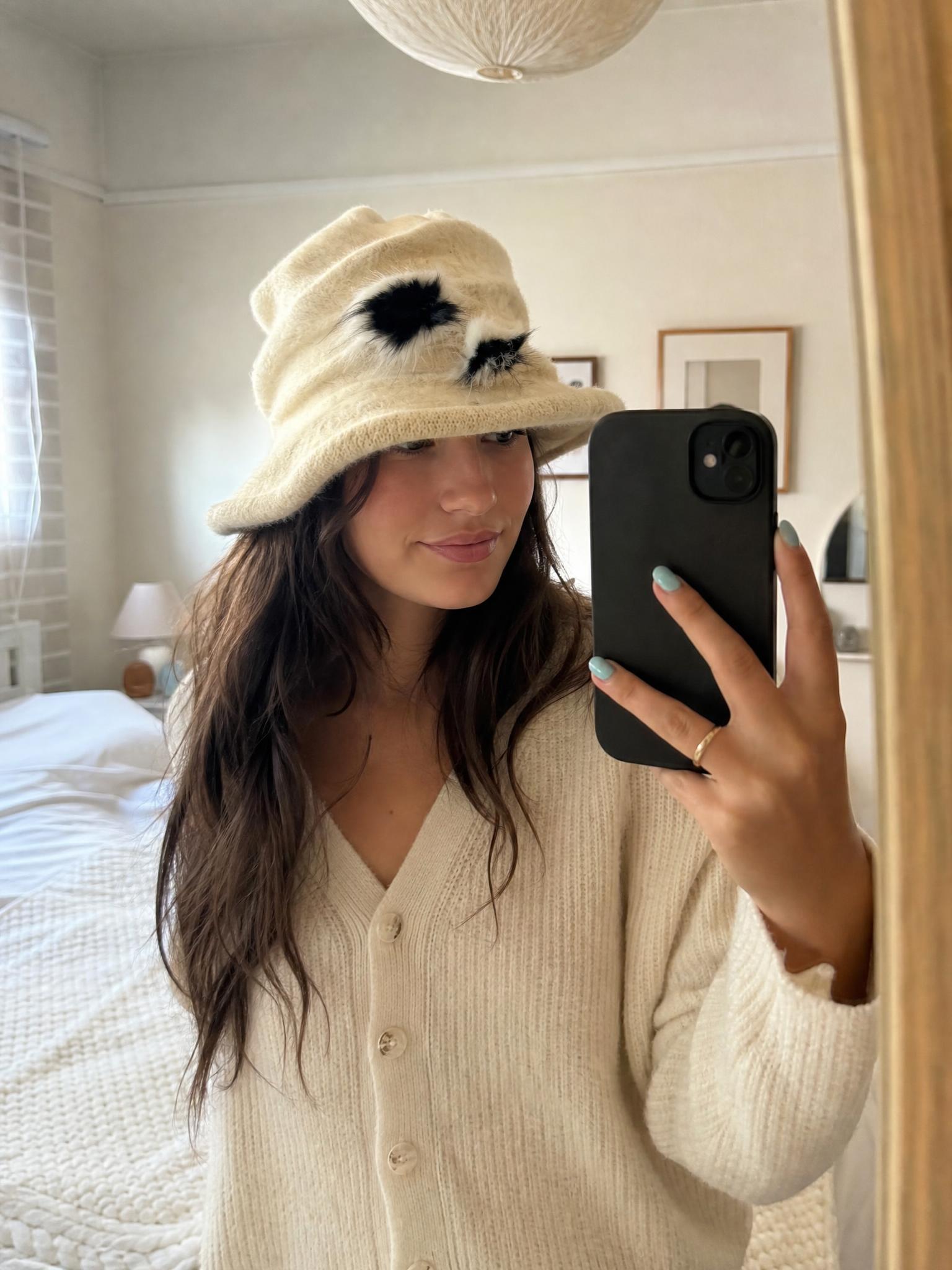 Cream Fluffy Animal-Style Bucket Hat with Black Accents