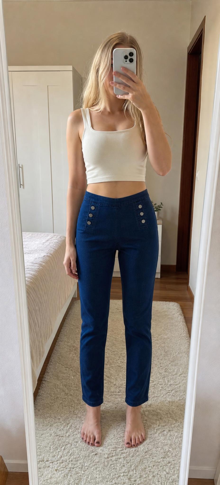 Dark Blue High-Waisted Straight-Leg Jeans with Button Details