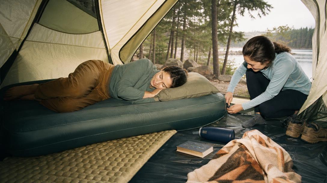 Outdoor hiker adjusting sleeping pad for comfort and weight balance