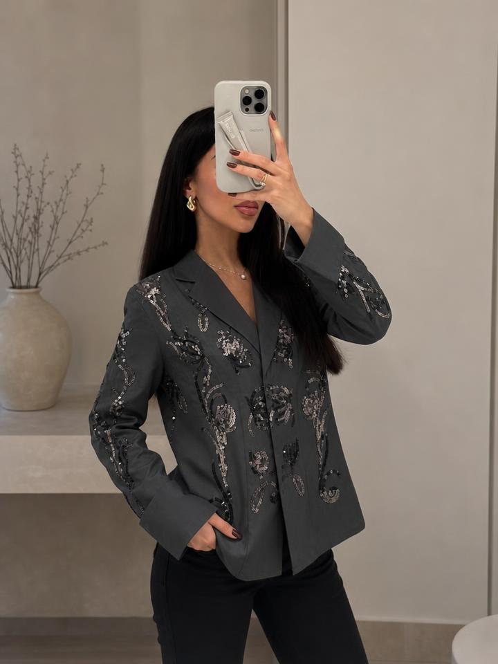 Embellished charcoal tailored blazer with sequin paisley detail