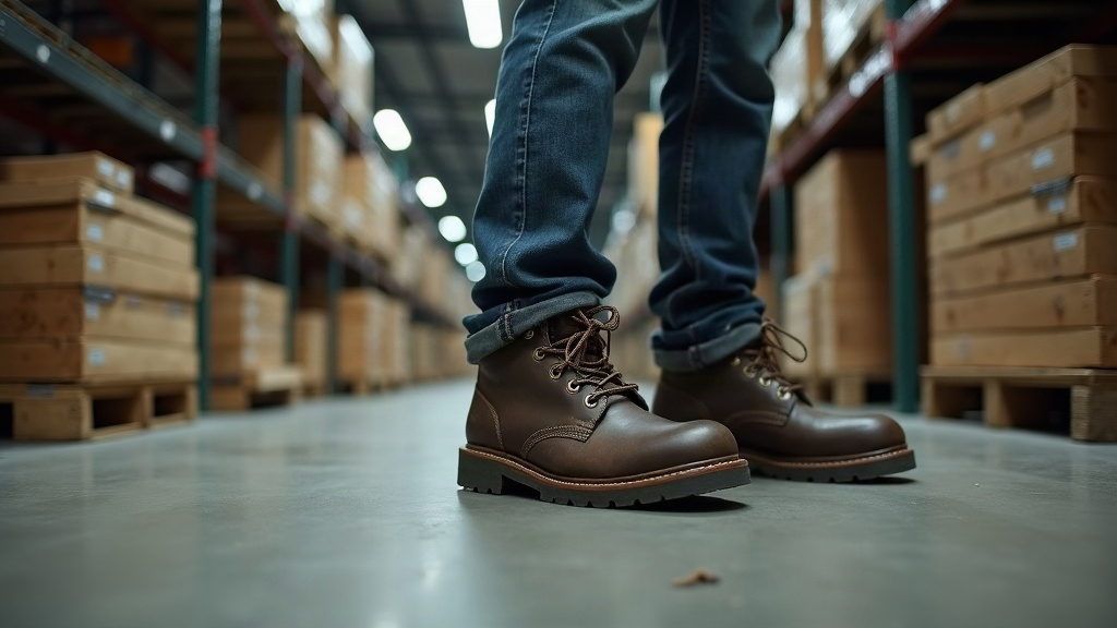 Warehouse worker with flat feet standing on concrete floor in work boots