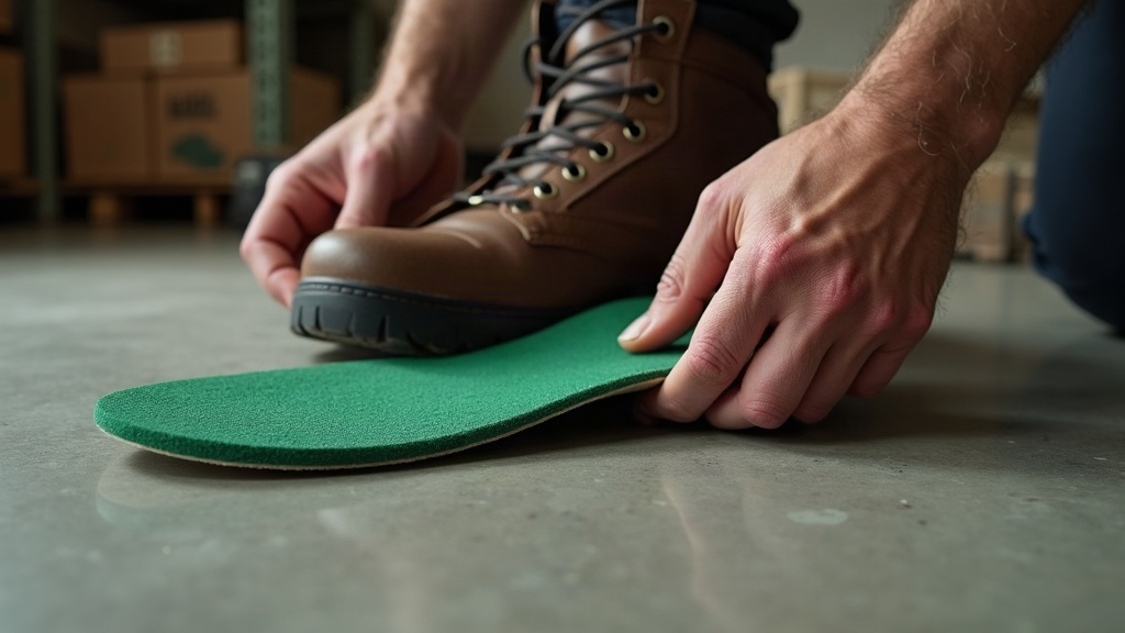 Worker inserting a structured arch-support insole into a steel-toe work boot