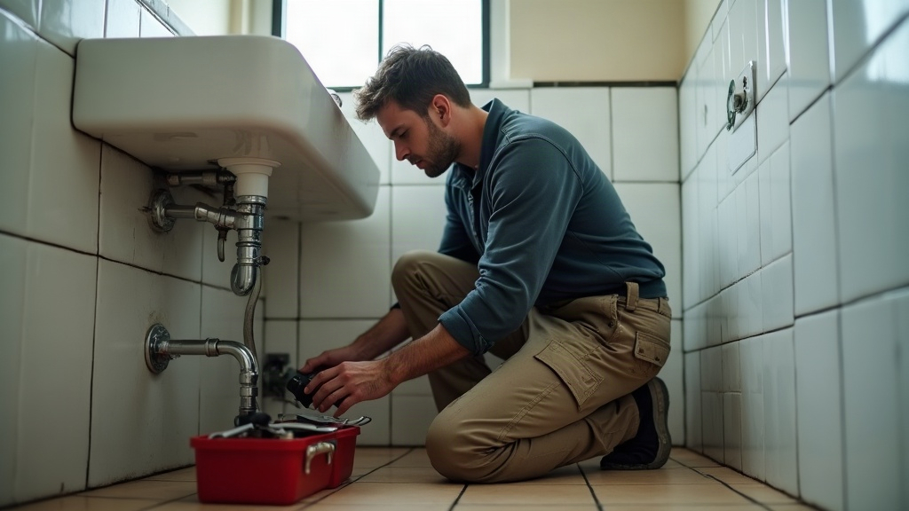 Plumber kneeling on hard floor, common cause of knee pain in trades