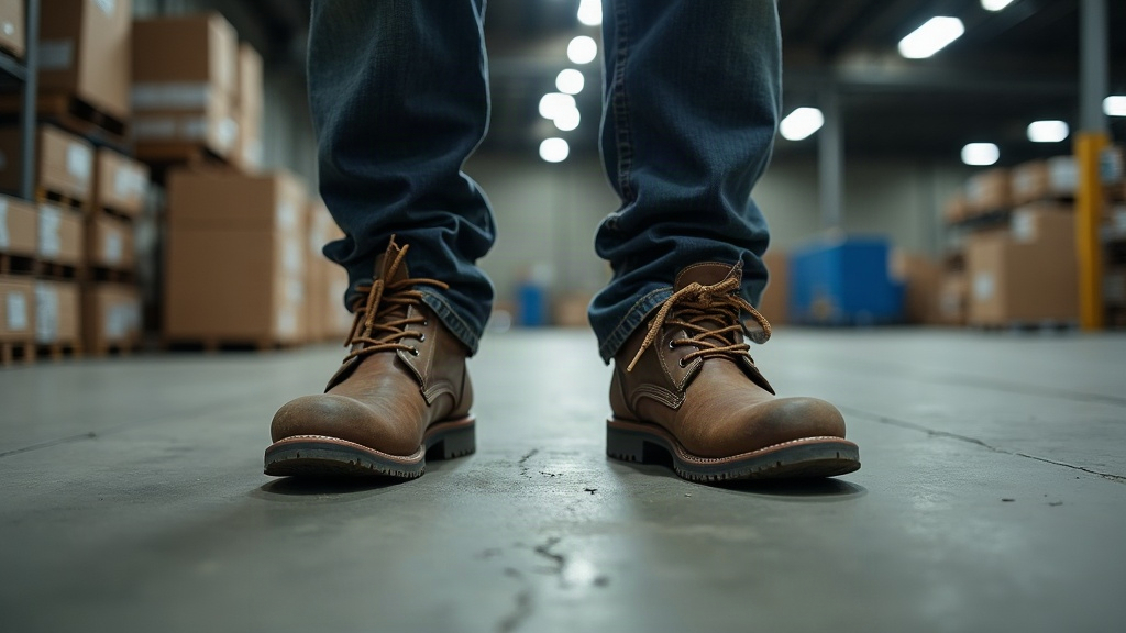 Work boots on concrete floor, knee pain risk for tradesmen