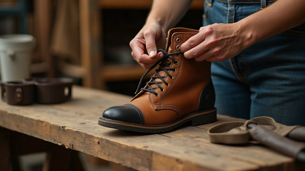 Women electrician lacing up EH-rated work boot with plantar fasciitis support