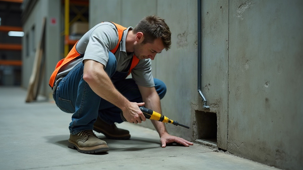 Electrician at work on concrete floor stressing plantar fascia