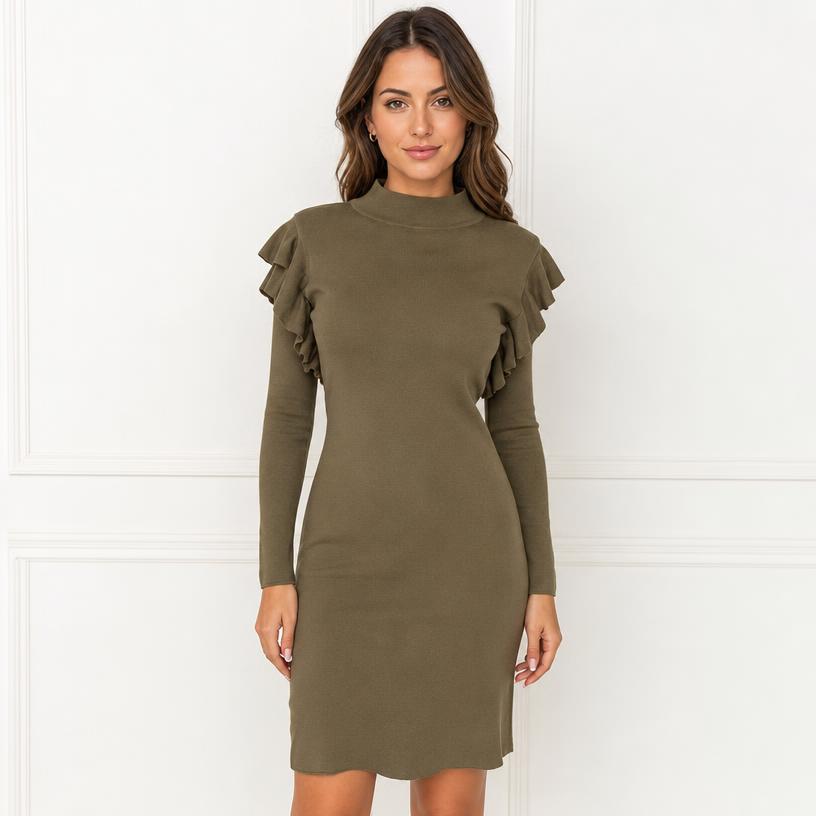 Olive Khaki Bodycon Mini Dress with Ruffle Sleeves