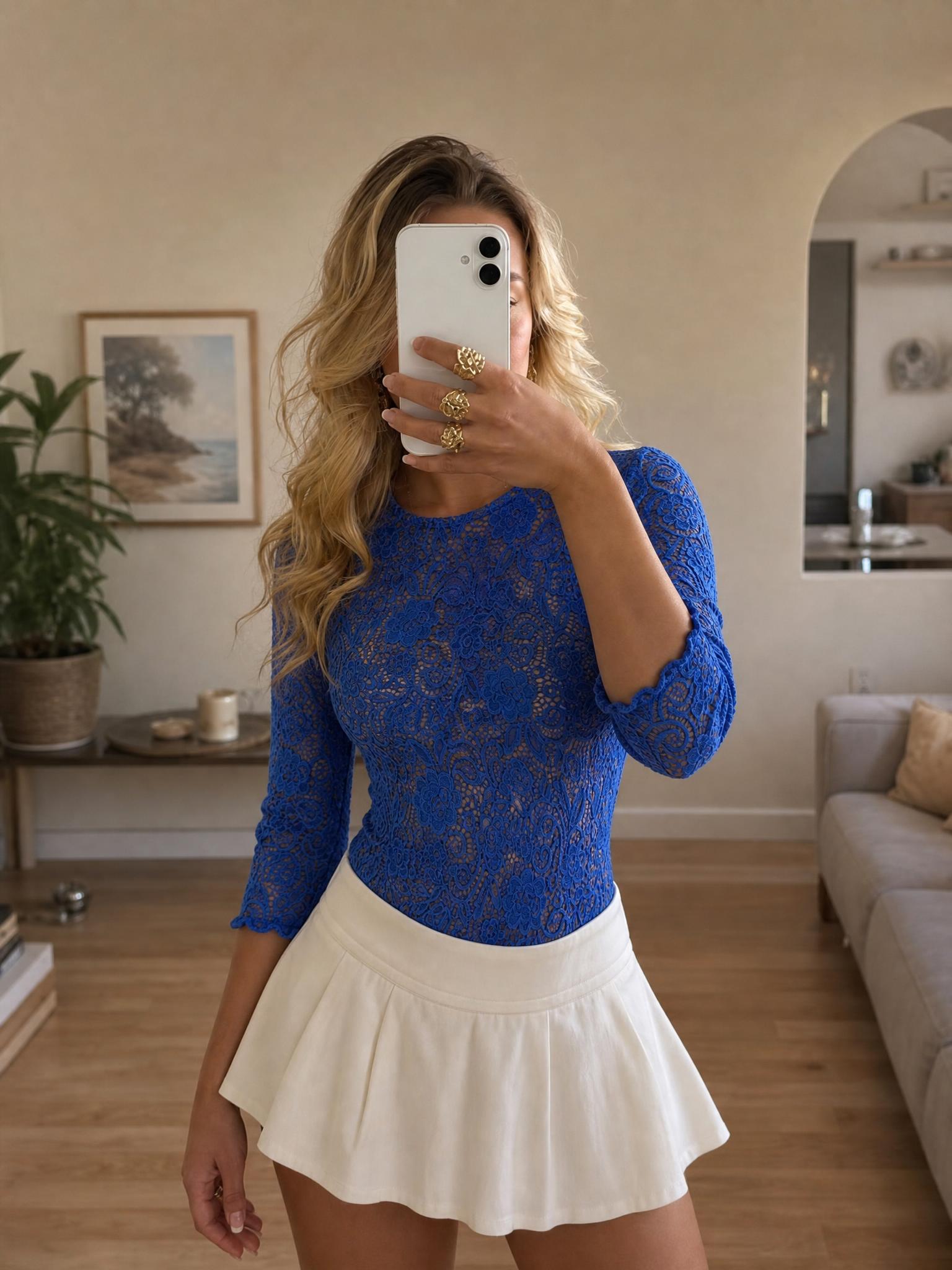 Blue Floral Lace Long Sleeve Dress with Pointed Hem
