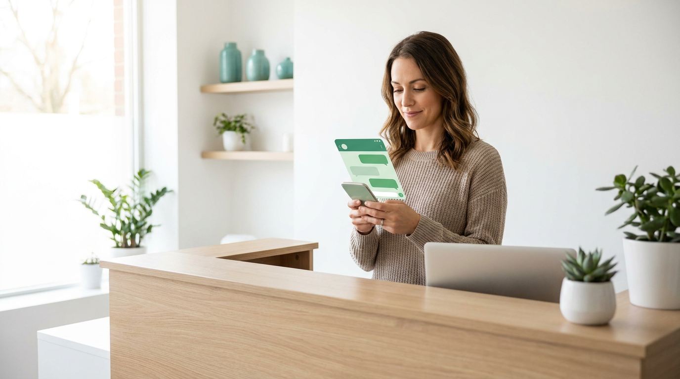 Onderneemster aan een lichte moderne balie kijkt op haar smartphone naar een groen chatgesprek, met een laptop en planten op de achtergrond