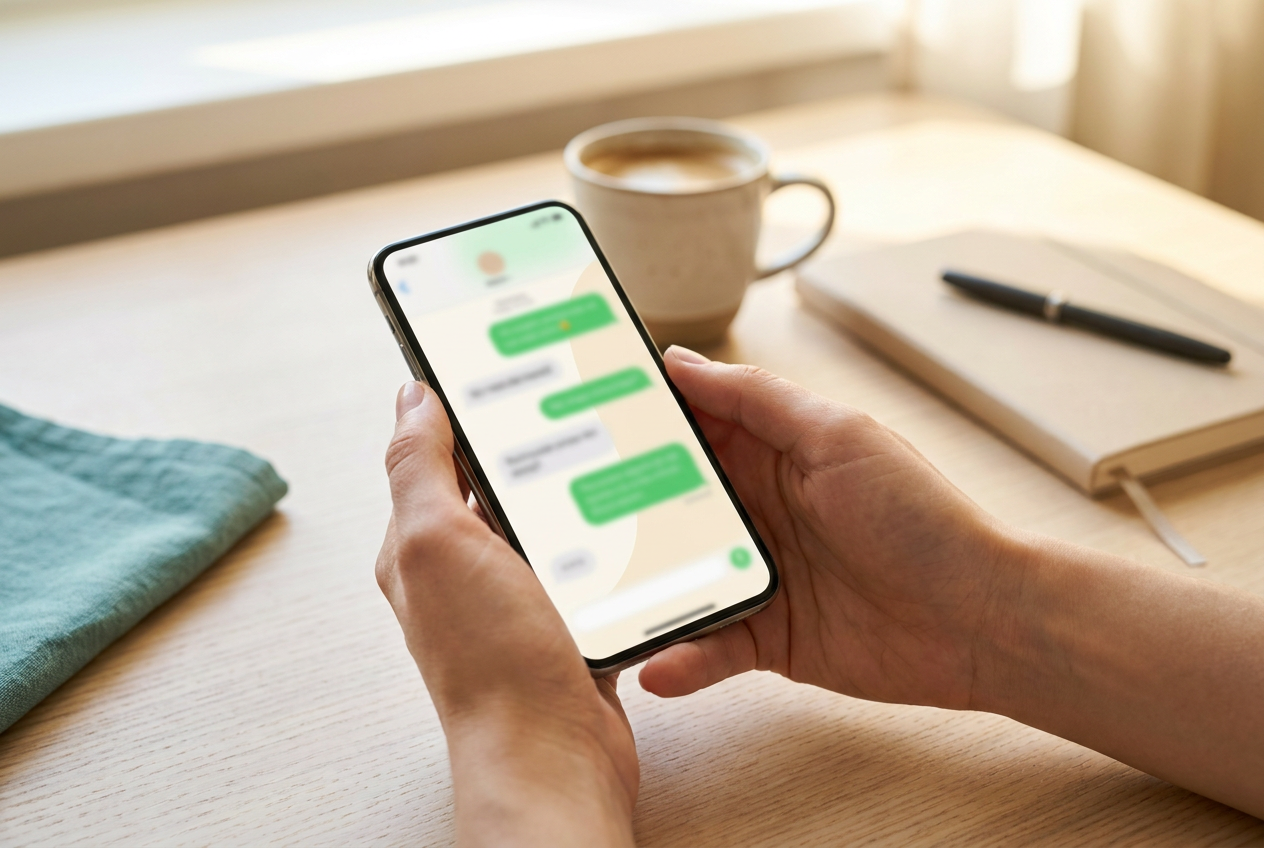Handen houden een smartphone vast met een groen chatgesprek, naast een kop koffie en een notitieboek op een houten bureau