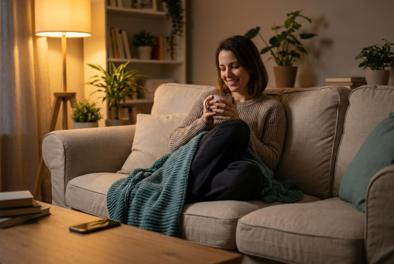 Ontspannen onderneemster zit 's avonds met een kop thee op de bank, terwijl haar telefoon rustig omgekeerd op de salontafel ligt