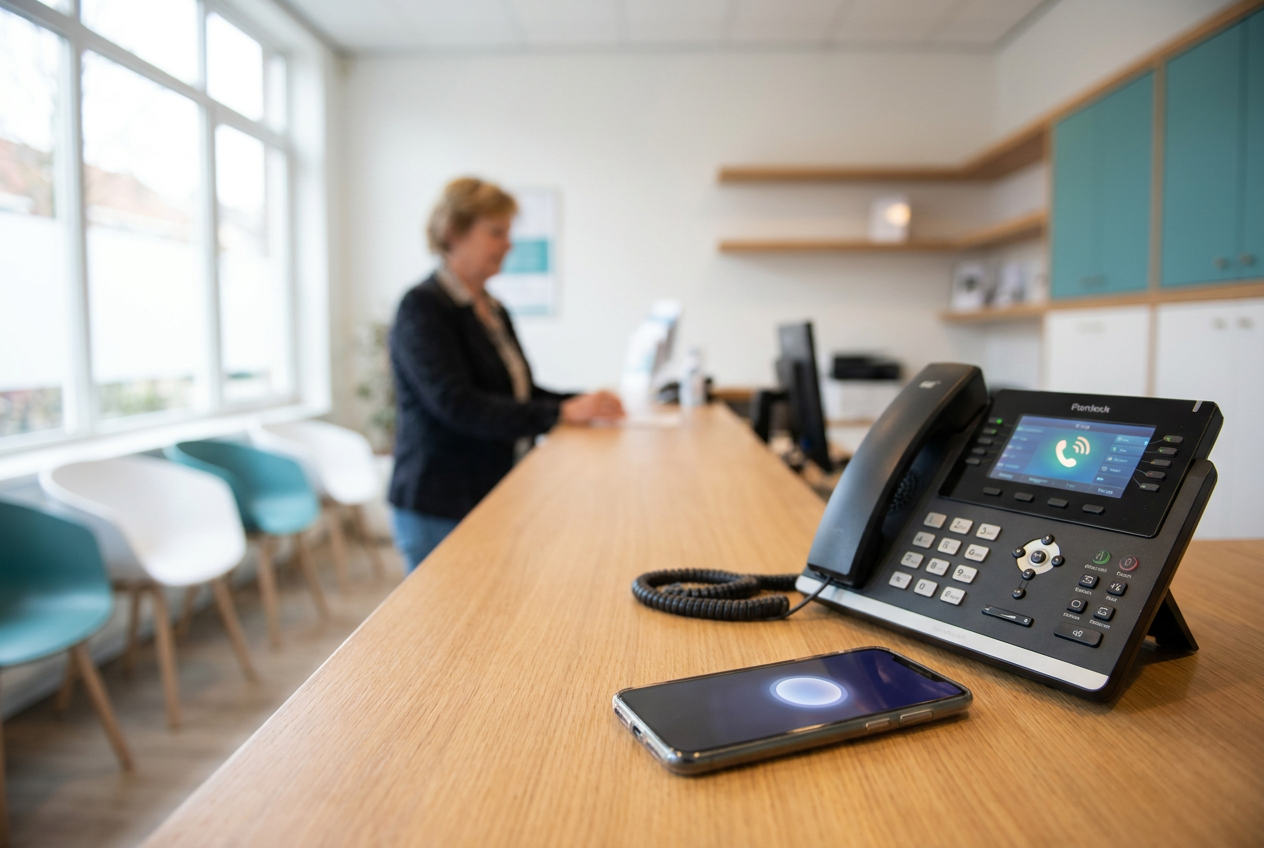 Balie van een praktijk met een rinkelende vaste telefoon en een smartphone die oplicht met een melding, terwijl een medewerker op de achtergrond een klant helpt