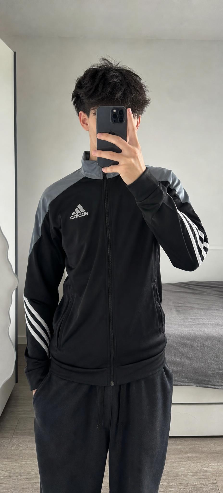 adidas Black & Grey Full-Zip Track Jacket with 3-Stripes