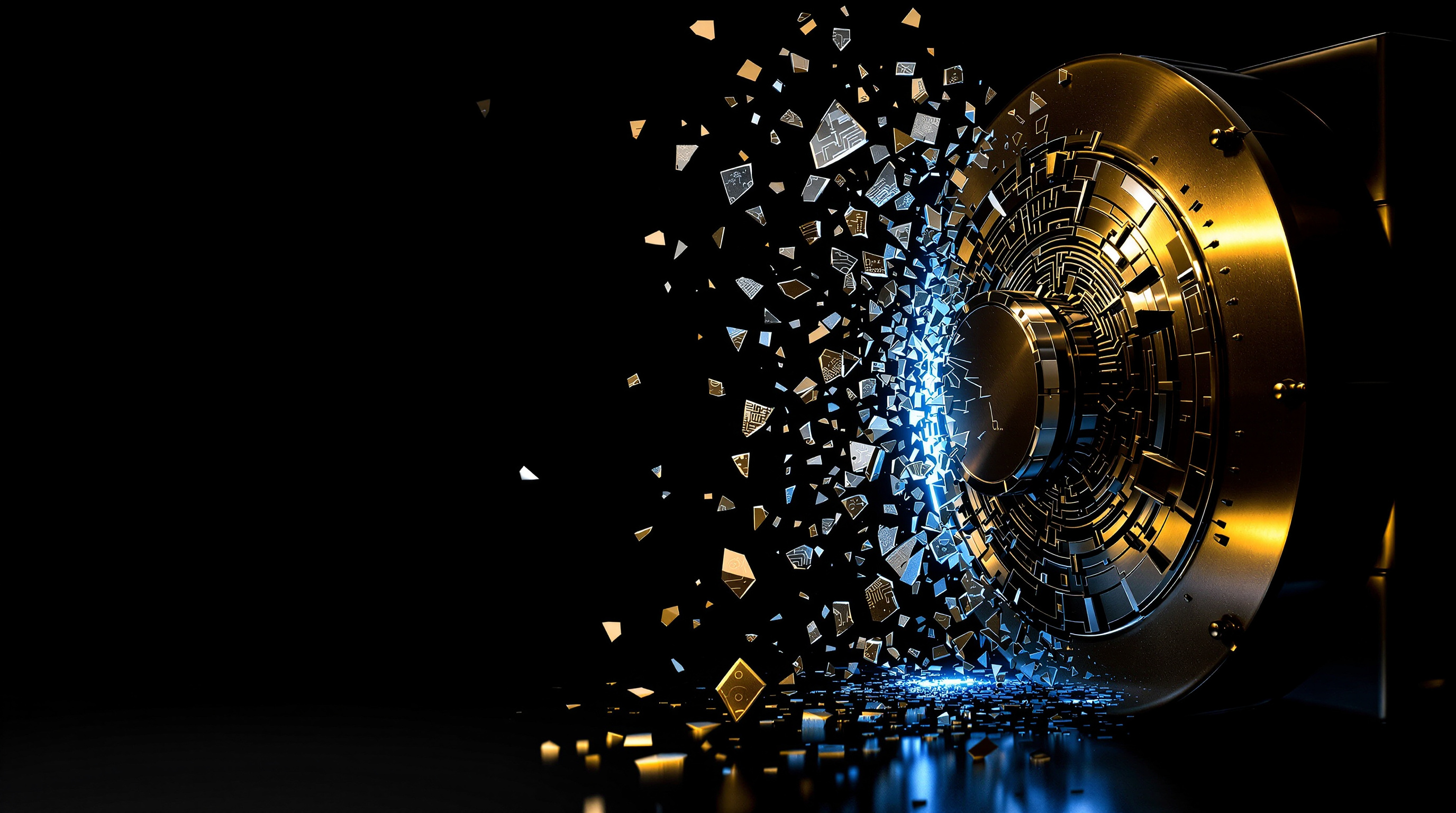 luxury bank vault door, gold-plated interior, fractured metallic shards with circuit-like textures suspended in mid-air — editorial cover artwork for the Knightron story on Bitget Pauses Withdrawals After $388M Security Breach, Launc