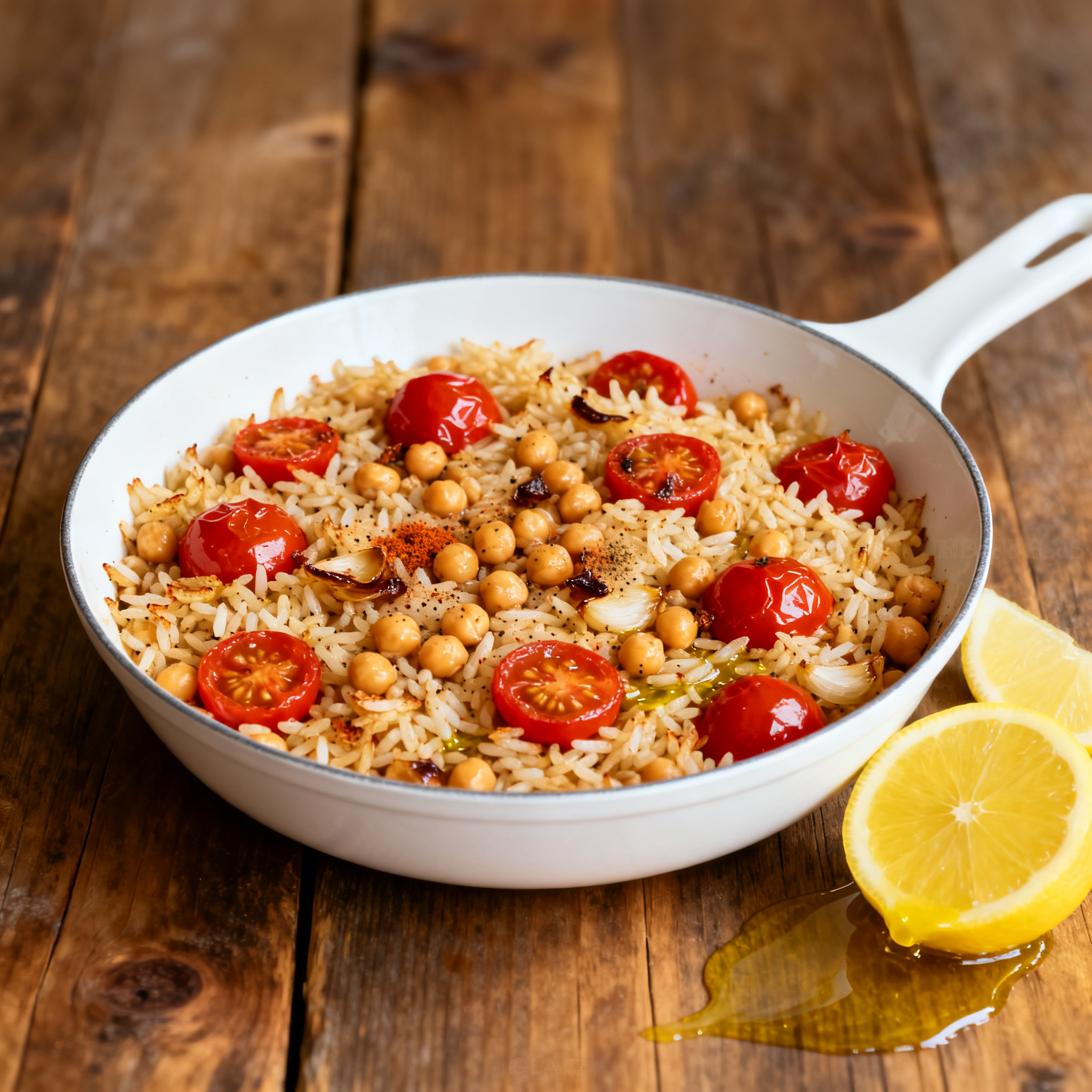 Pantry Chickpea and Tomato Rice Skillet