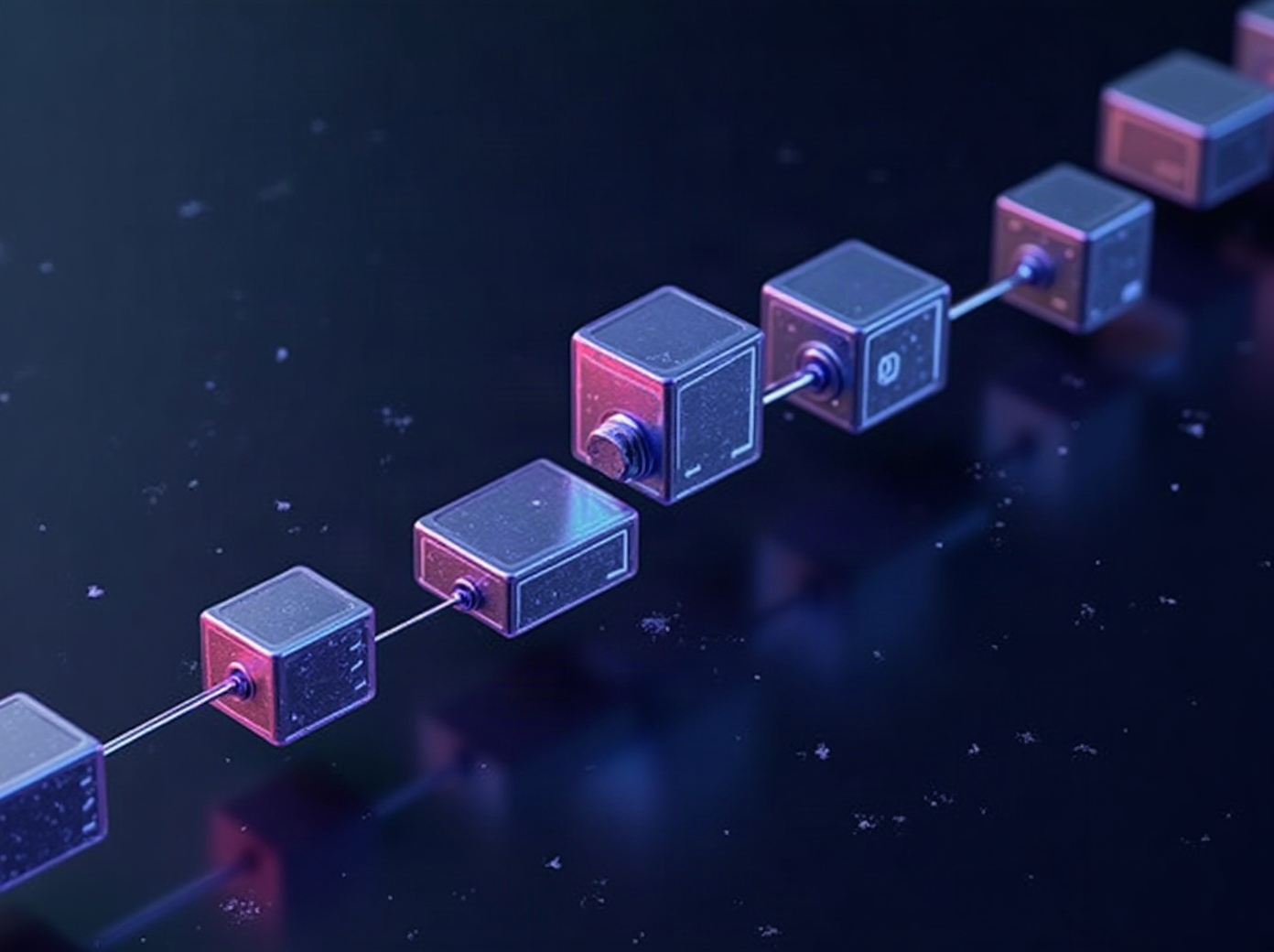 Abstract chain of process nodes alternating between translucent glass blocks and solid metallic blocks