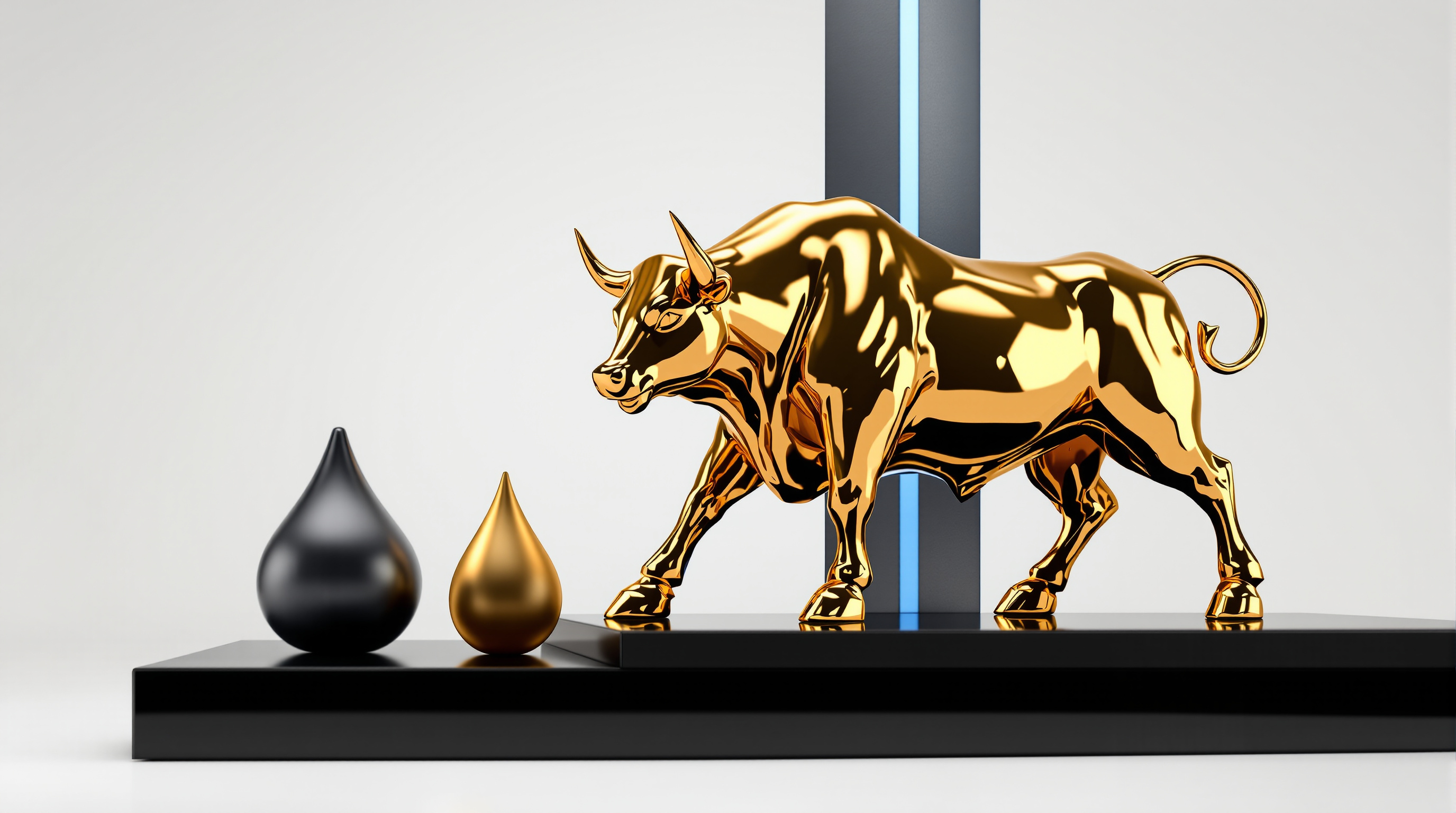 polished gold bull sculpture on a black reflective plinth, with a matte oil droplet form in the midground and a tall slender silver-blue spire (abstra — editorial cover artwork for the Knightron story on Stocks Rally As Oil Retreats On Iran Diplomacy Hopes; Yields