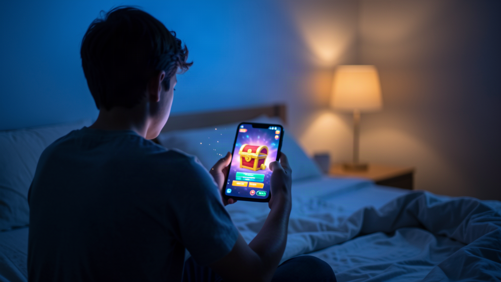 Un adolescente di notte guarda lo schermo dello smartphone con l'interfaccia di un forziere premio
