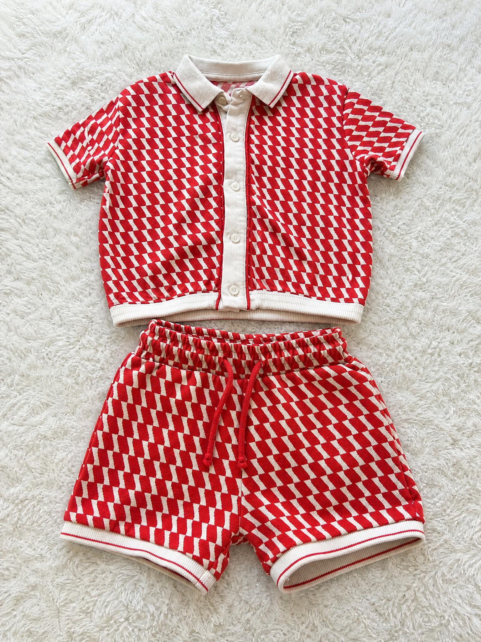 Red & Cream Geometric Polo and Shorts Set – Very Good