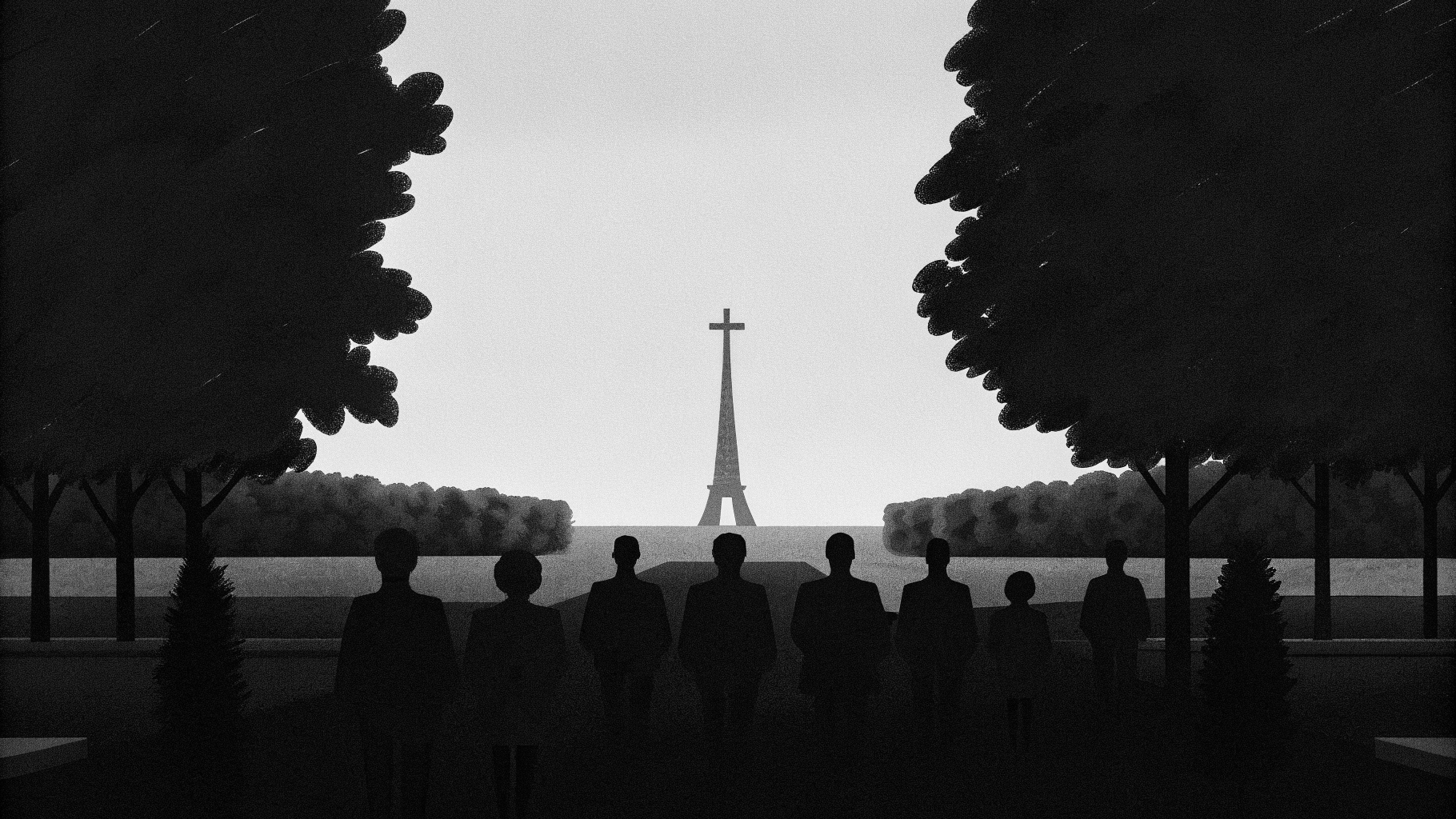 Illustration abstraite d’une visite pontificale à Paris, évoquant migrants, solidarité et messe publique