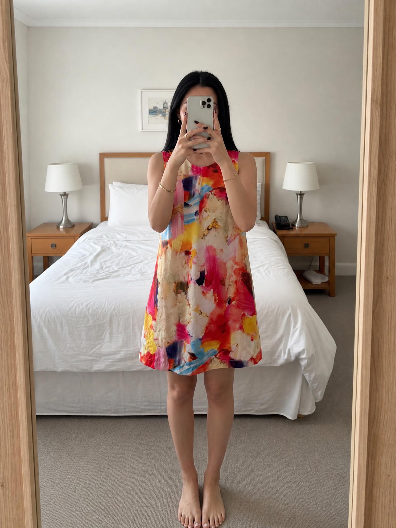 Colourful abstract print sleeveless mini dress
