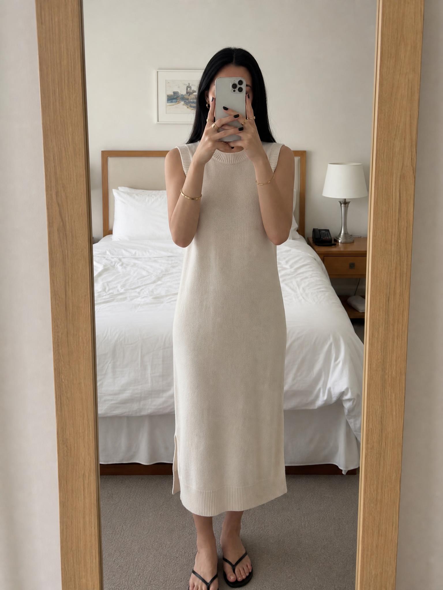 Cream knitted sleeveless midi dress with ribbed trims